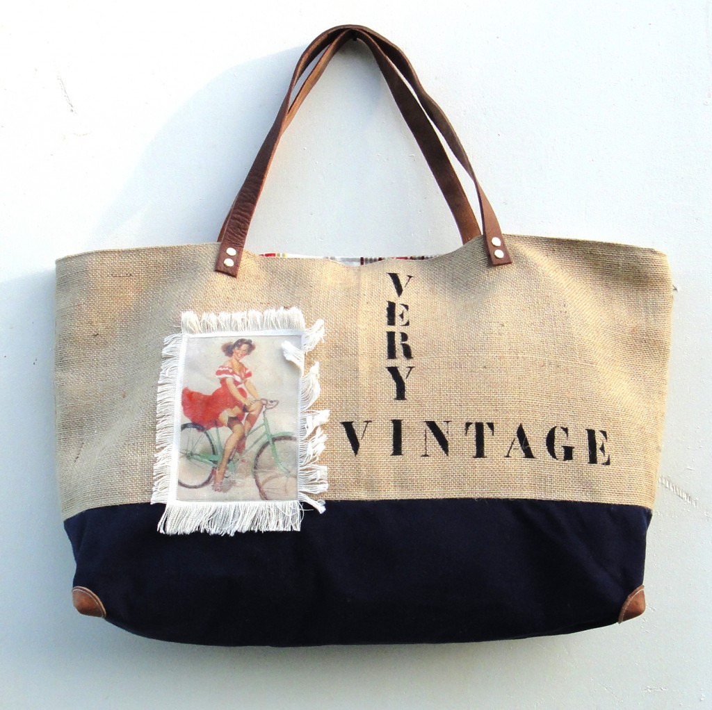 sac cabas jute illustration vintage, finition soignées, original, spacieux, fonctionnel, solide