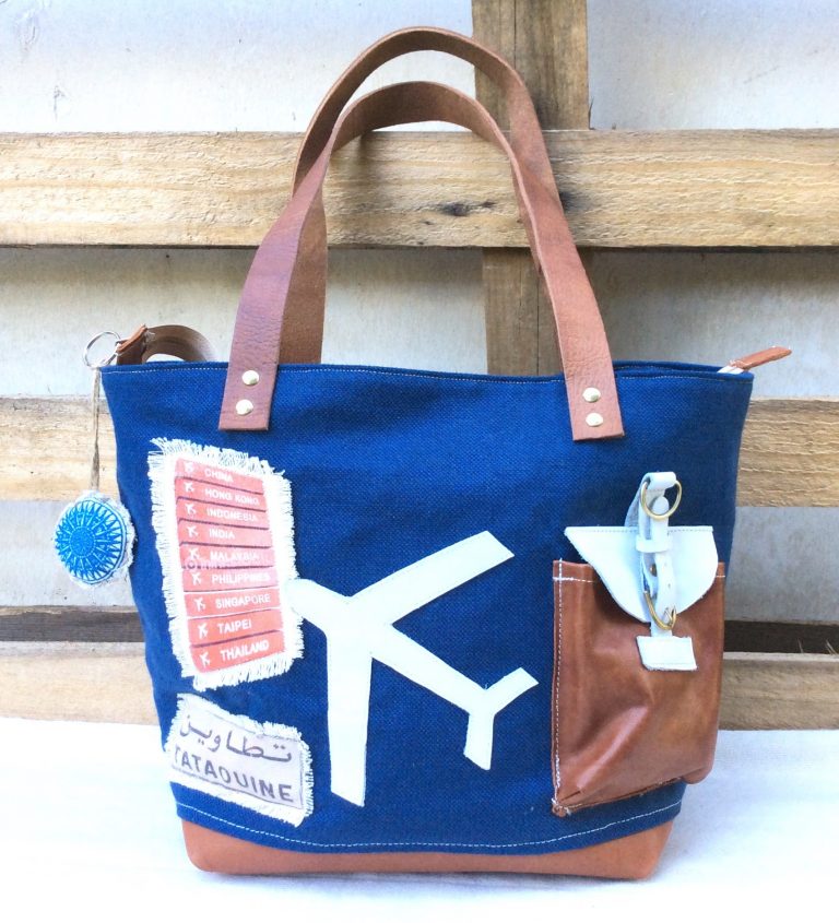 Sac toile bleu & cuir fauve - Avion à destination