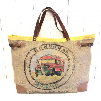 Sac cabas toile de jute - sac de café - jaune - médaillon bus