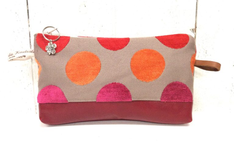 Trousse de sac taupe à pois rouges & oranges - cuir rouge