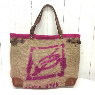 Sac cabas toile de jute - sac de café - inscriptions rose