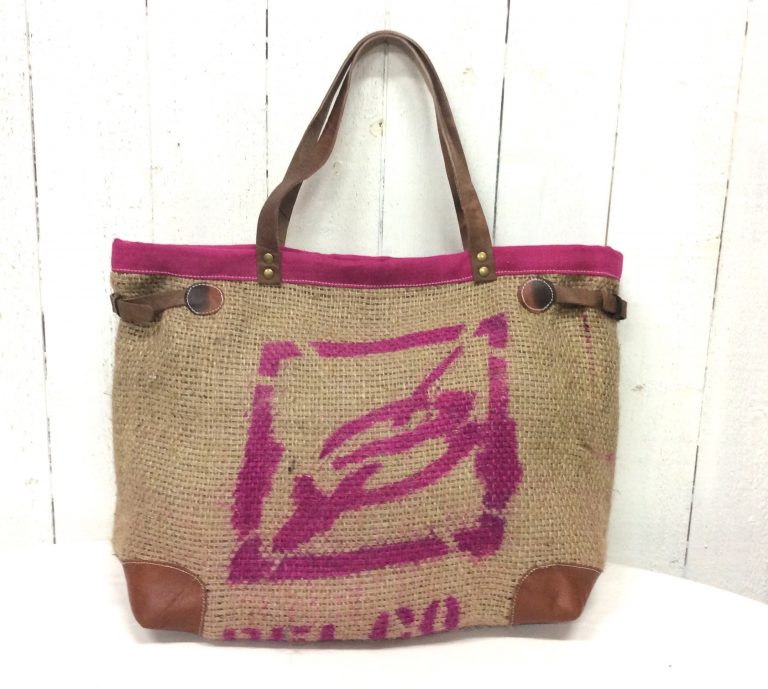 Sac cabas toile de jute - sac de café - inscriptions rose