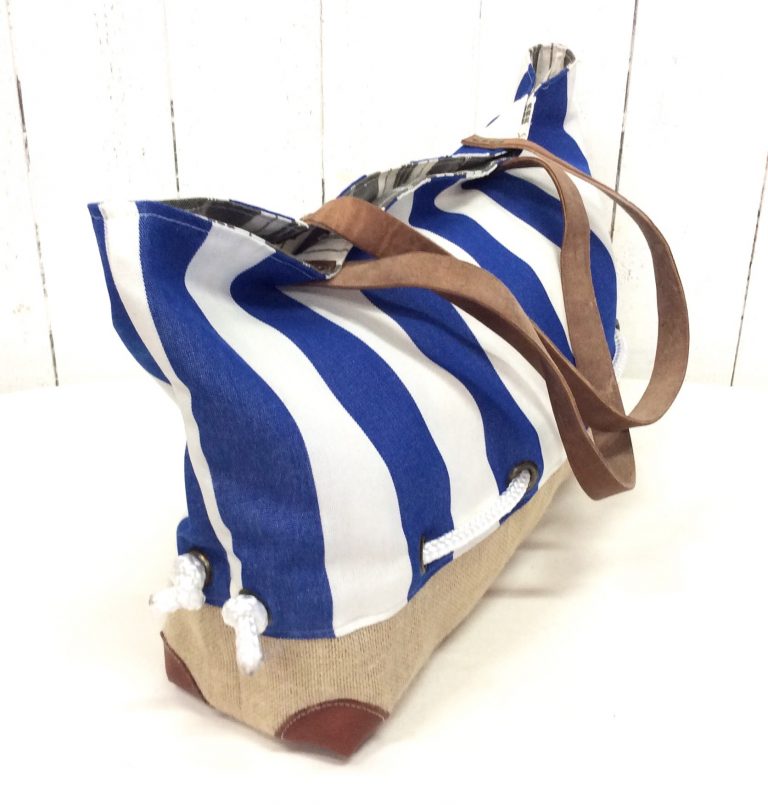 sac cabas toile transat blanche et bleu- toile de jute- corde