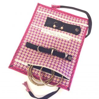 Trousse bijoux voyage cuir rose/intérieur rose pois jaunes