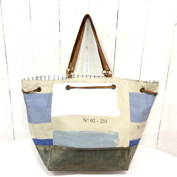 sac cabas beige-traces de peinture blanches et bleues