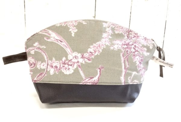 trousse de sac toile de Jouy taupe et rose-simili cuir marron