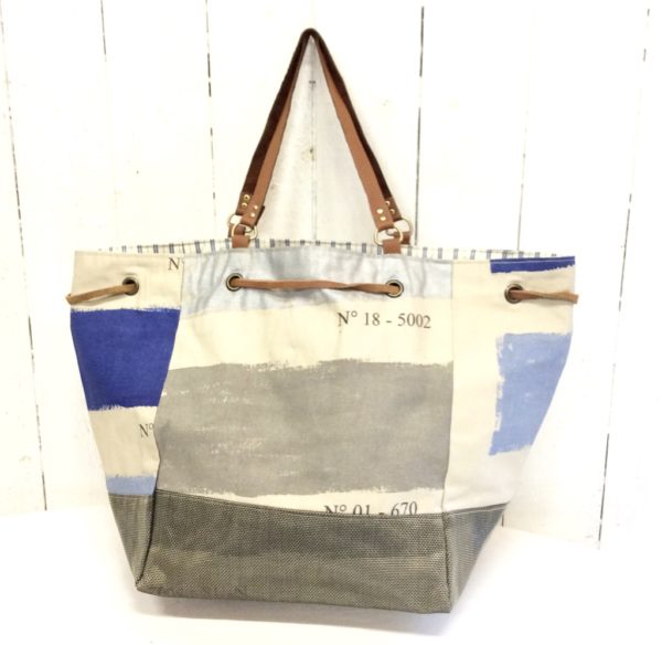 sac cabas V toile beige-traces de peinture bleu, gris, argent