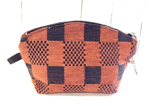 trousse de sac velours orange à carreaux noirs-cuir marron