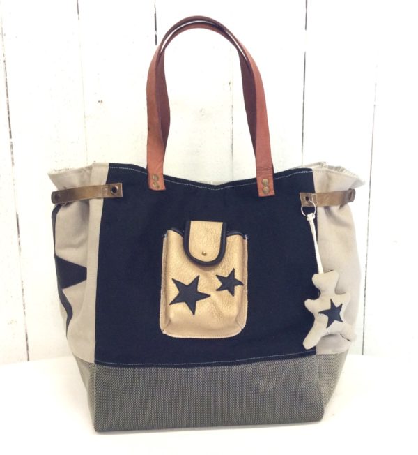 Sac cabas beige et noir-étoiles-bijoux de sac ourson