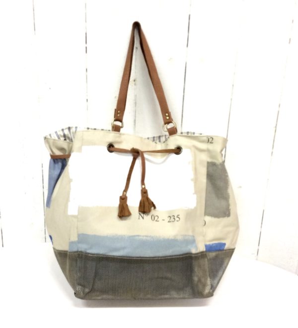 sac cabas beige-traces de peinture blanches et bleues