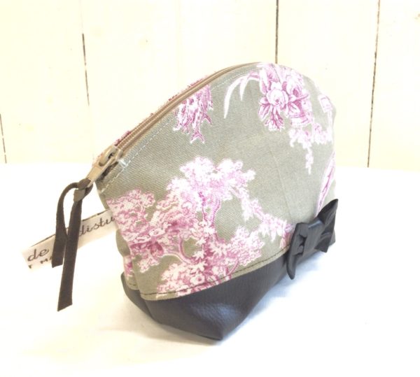 trousse de sac toile de Jouy taupe et rose-simili cuir marron