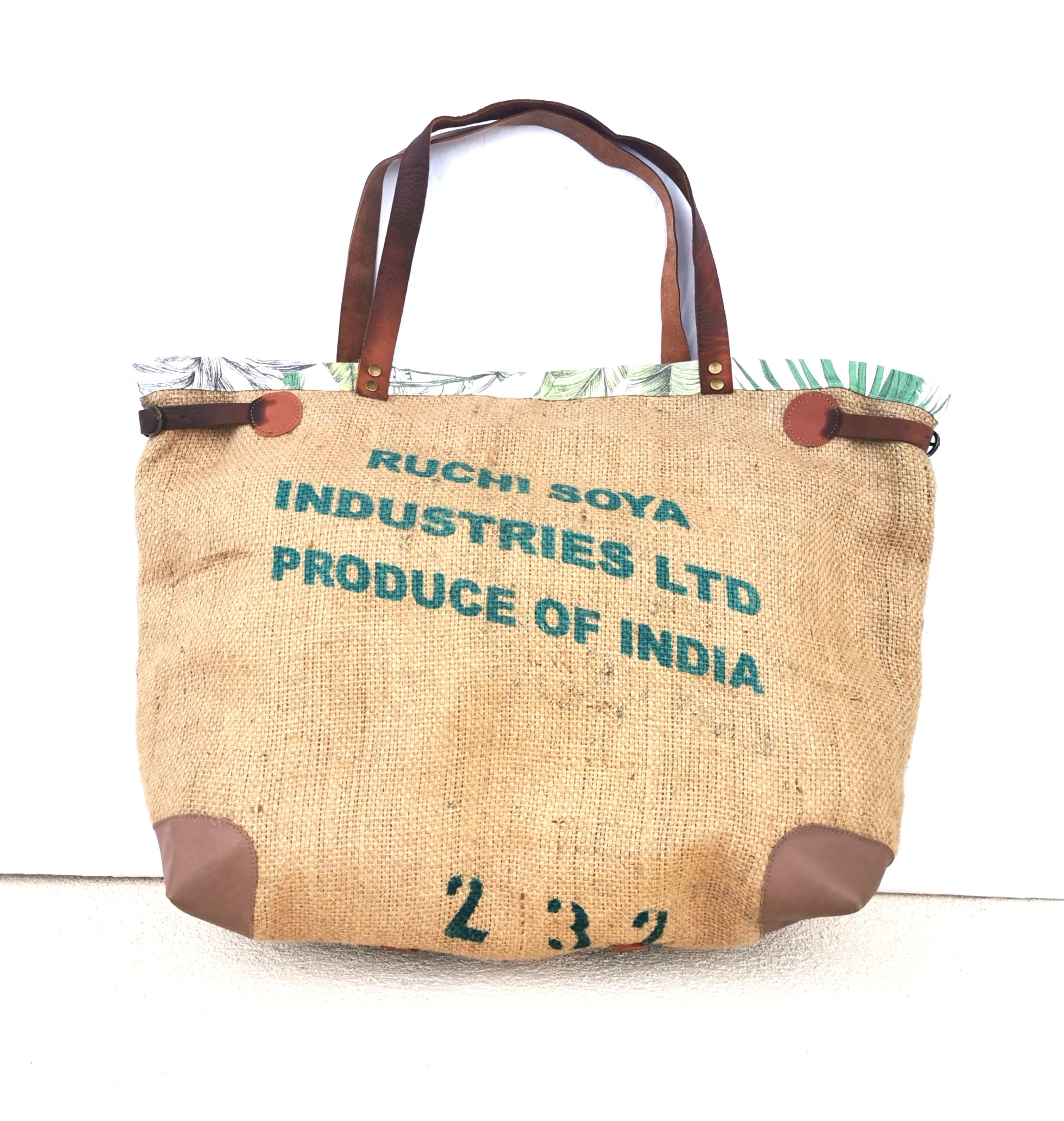 Sac cabas en sac de café, jute et cuir/ vert Kadistu