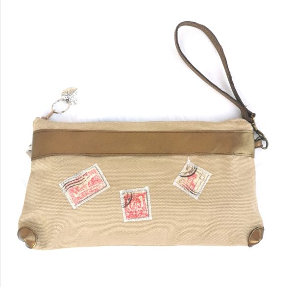 Pochette Maya beige-cuir doré-timbres