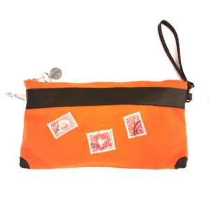 Pochette Maya orange-cuir marron-timbres