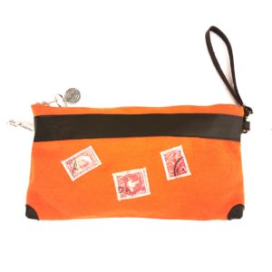 Pochette Maya orange-cuir marron-timbres