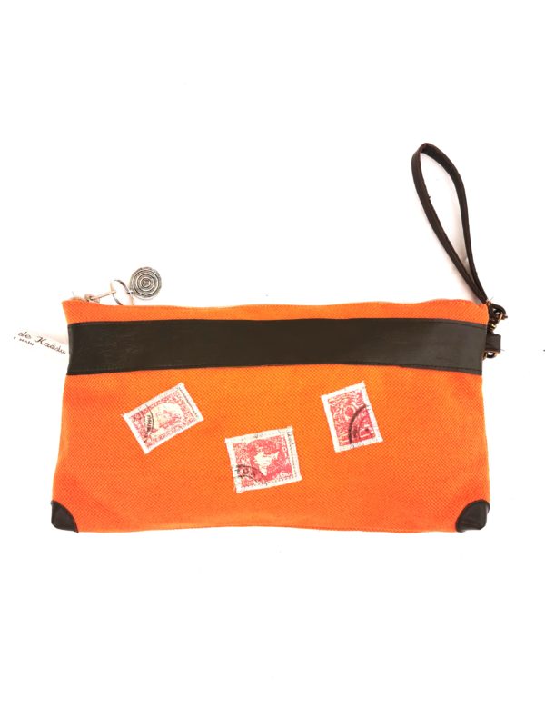 Pochette Maya orange-cuir marron-timbres