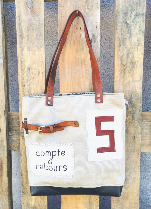 sac city toile beige et cuir, inscription-compte à rebours