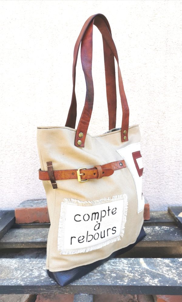 sac city toile beige et cuir, inscription-compte à rebours