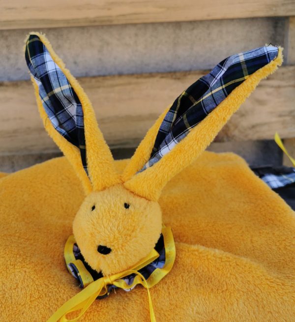 Duo doudou lapin jaune /écossais bleu vert