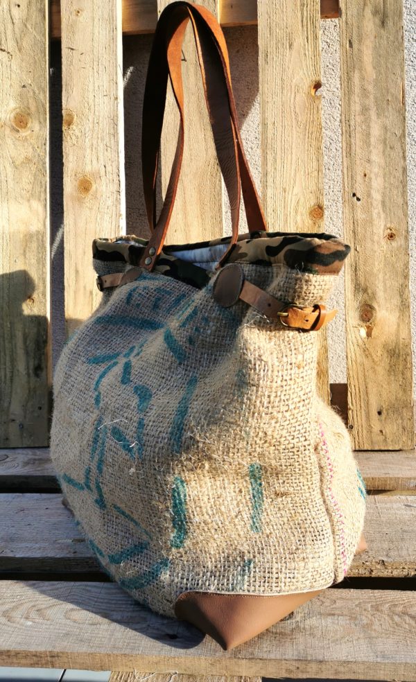 sac cabas toile de jute sac de café inscription verte/bordure toile de camouflage