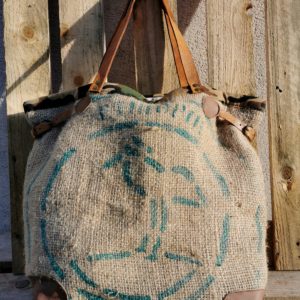 sac cabas toile de jute sac de café inscription verte/bordure toile de camouflage