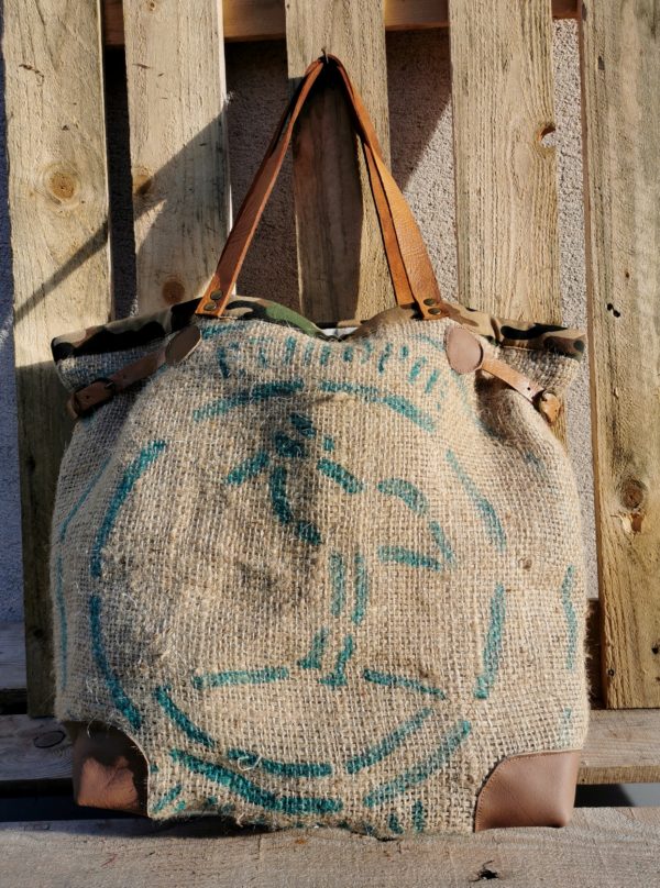 sac cabas toile de jute sac de café inscription verte/bordure toile de camouflage