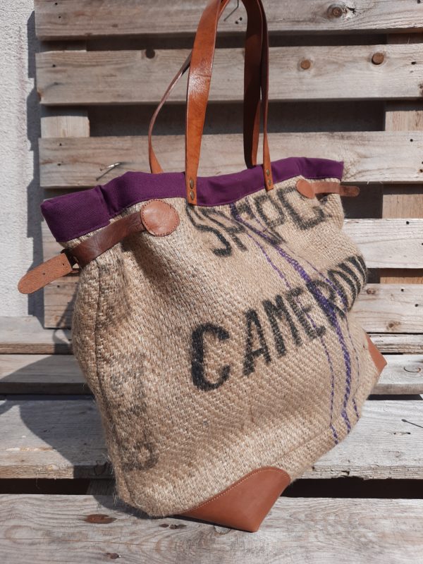Cabas sac de café cameroun-bordure prune