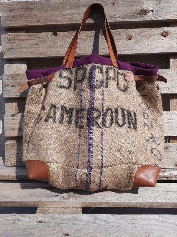 Cabas sac de café cameroun-bordure prune