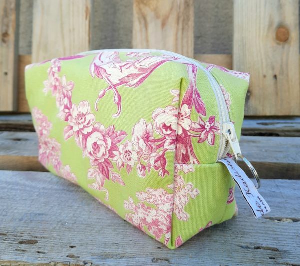 Trousse maquillage carrée-toile de jouy vert clair/rose