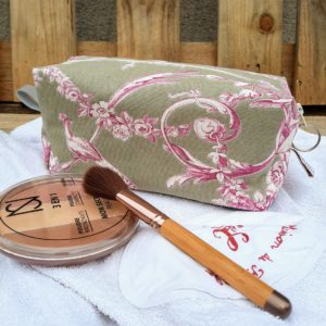 Trousse maquillage carrée, toile de jouy taupe/rose