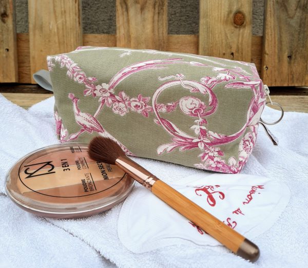 Trousse maquillage carrée, toile de jouy taupe/rose