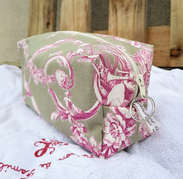 Trousse maquillage carrée, toile de jouy taupe/rose