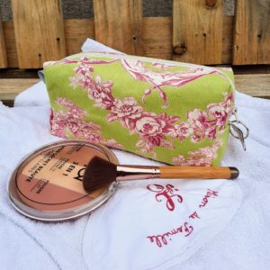 Trousse à maquillage carrée-toile de jouy vert clair/rose