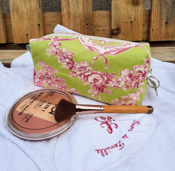 Trousse à maquillage carrée-toile de jouy vert clair/rose